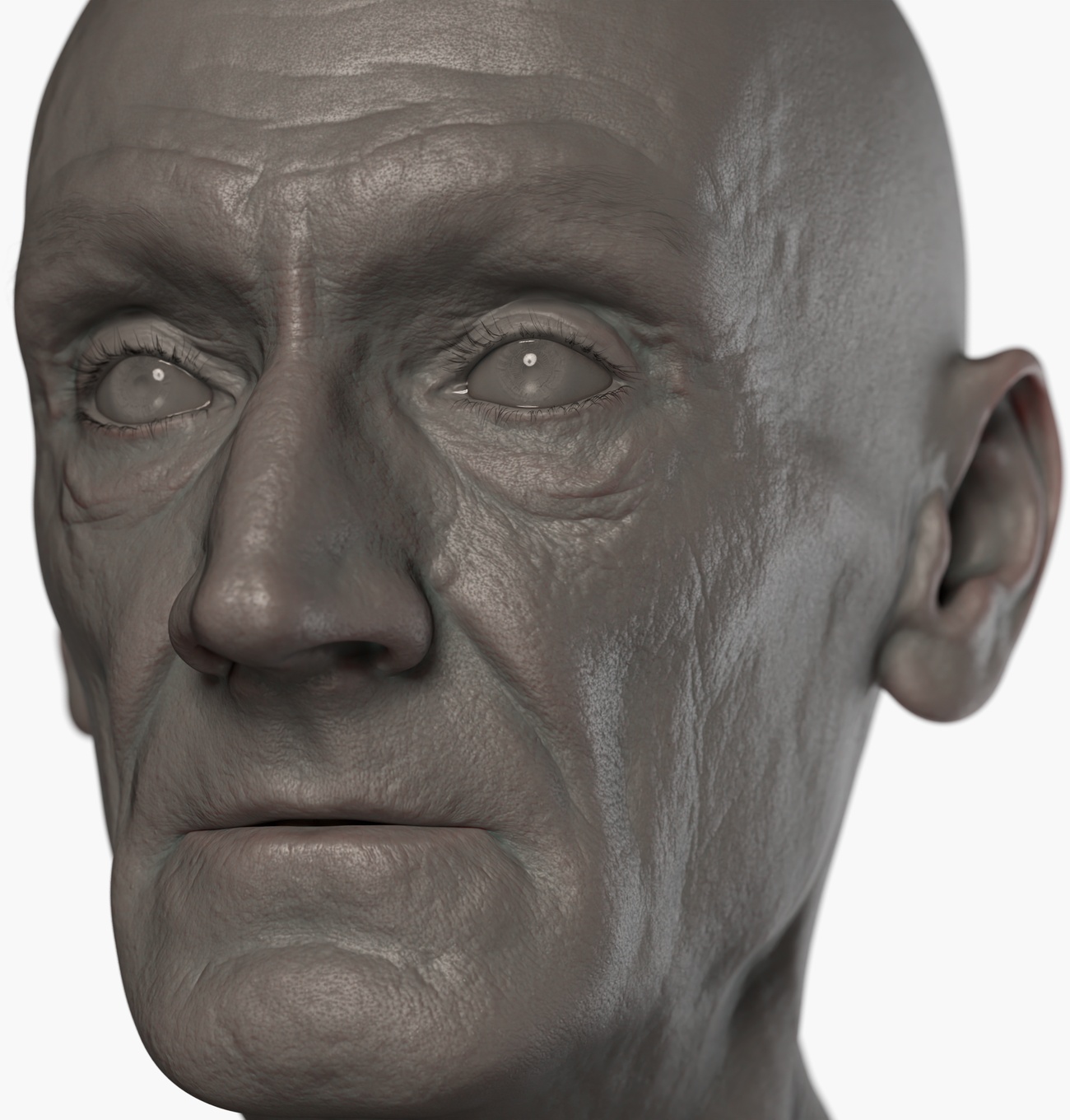 Clay render of an older male 3D head scan showing fine skin pore detail, wrinkles and surface texture